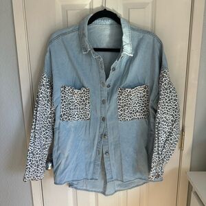 Light Wash Denim Button-Up with Leopard Print Accents
